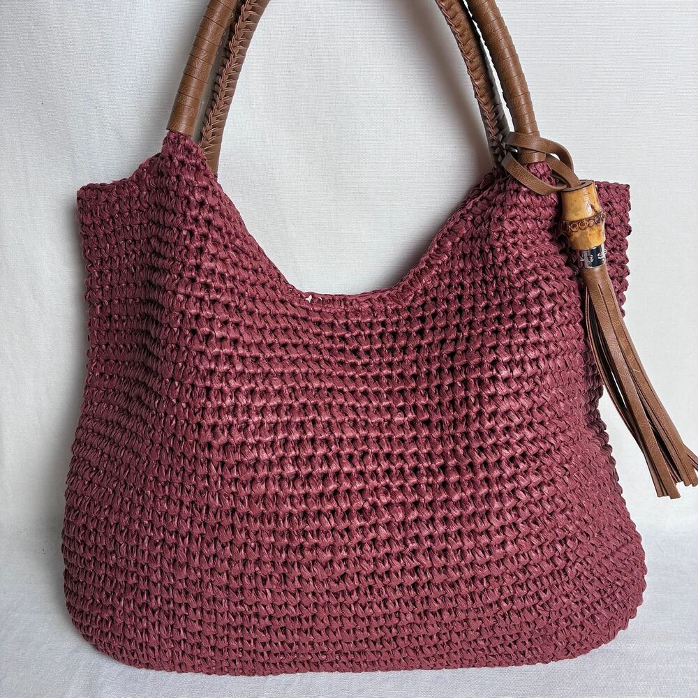 Tommy Bahama Crochet Raffia Bag Resort Wear Coastal Boho Chic Leather Handles